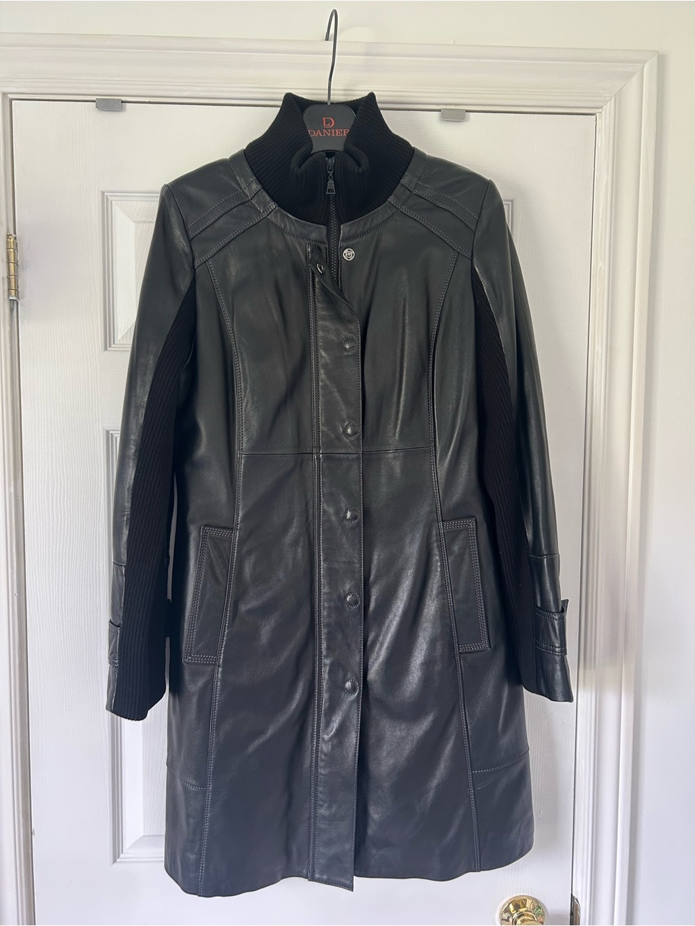Danier Black Leather Mid-Length Coat with Knit Sleeve Panels